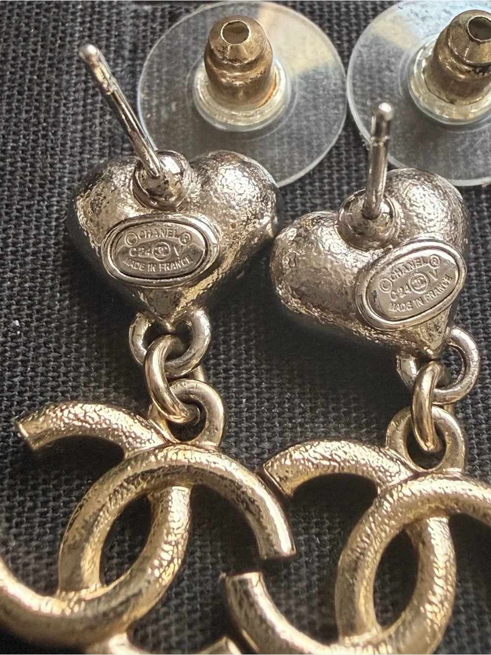 CHANEL Silver Crystal CC Heart Drop Earrings